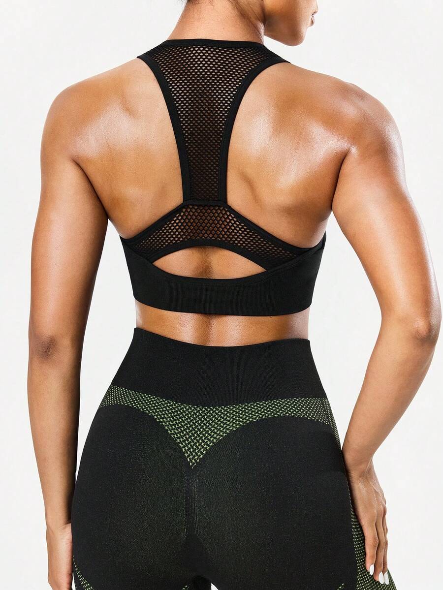 Seamluxe SHEIN Sport Sujetador deportivo sin costuras de alta elasticidad, espalda de malla, negro - Negro - Ver 1