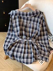 GlowEve Women's Woven Checkered Casual Commuter Autumn Shirt - Navy Blue - View 2