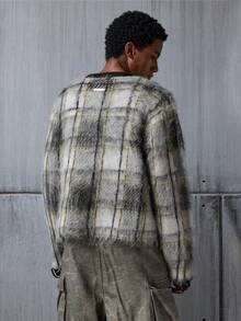 NEON BLANC Męski sweter kardigan z polaru w kratę, długi rękaw, otwarty przód, swobodny, jesień/zima, wełna