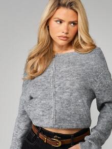 MISSGUIDED 露肩纽扣前部混色针织开衫，罗纹袖口 - 灰色 - 查看 4