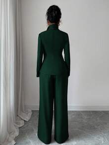 SHEIN Elenzya Women's Thick Feeling Blazer Collar Asymmetric Lapel Design Waist Cinched Long Sleeve Casual Jacket & Wide Leg Pants Set, Elegant & Sophisticated, Suitable For Work, Dates, Parties, Holidays, Fall Season