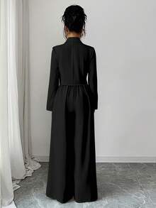 Elenzga 新款女式梭织面料细肩带露背可调节肩带阔腿连体裤，缺口领长袖夹克，通勤百搭优雅年轻女士两件套，秋冬 - 黑色 - 查看 2