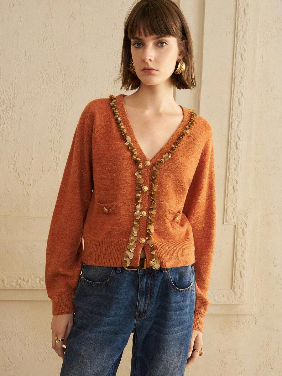 Arave 女式宽松夏尔巴面料开衫，亮片装饰设计，时尚休闲 - 橘色 - 查看 1