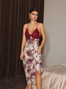 Slumberist Luxury Women's Sleepwear Set, Elegant Floral Print Ruffle Dress, Sheer Sexy Robe Set Burgundy Dress Gown And Robe Set - Burgundy - View 5