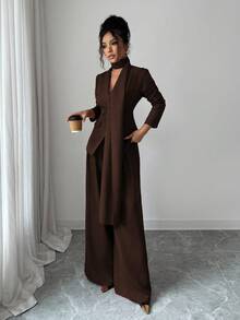 SHEIN Elenzya 女士酒红色厚面料V领不对称领口设计系腰长袖休闲夹克，搭配宽松阔腿长裤两件套 - 咖啡棕 - 查看 7