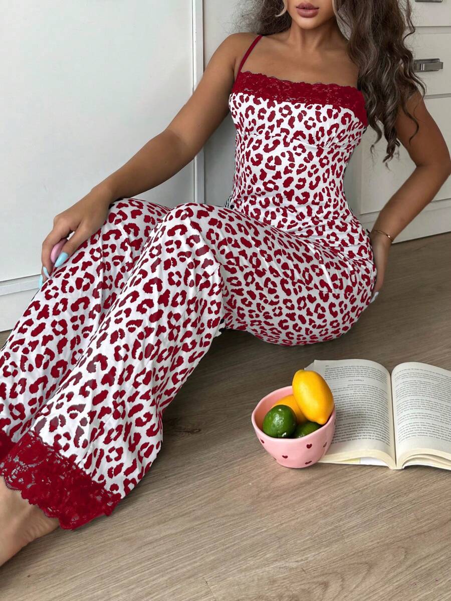 SHEIN Sweet Ins Colorblock Leopard Print & Lace Patchwork Women Pajama Set Red Leopard Print Pajama Set - Burgundy - View 1