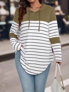 EMERY ROSE Plus Size Striped Color Block Hooded Long Sleeve T-Shirt With Drawstring Graphic Tees Women Tops For Spring - Khaki - View 8