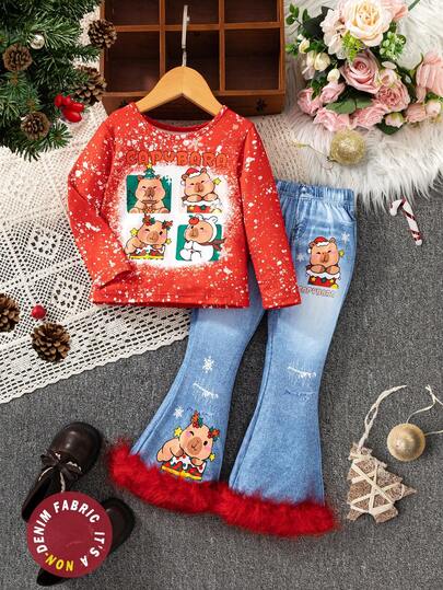 Conjunto de camiseta casual y versátil de manga larga con cuello redondo y gráfico lindo de capibara para niña joven