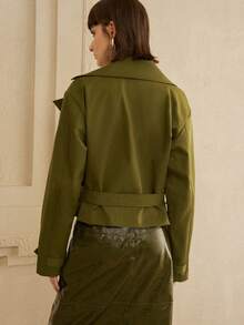 Revavyn Áo khoác gió ngắn hai hàng khuy vải xương cá ve áo dành cho nữ, thích hợp khi đi làm - xanh quân đội - Xem 6