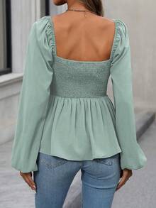 EMERY ROSE 女式纯色方领灯笼袖荷叶边下摆时尚衬衫 - 薄荷綠 - 查看 2