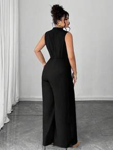 SHEIN Tall CURVE Plus Size Elegant Beaded Sleeveless Round Neck Top And Straight Leg Jumpsuit