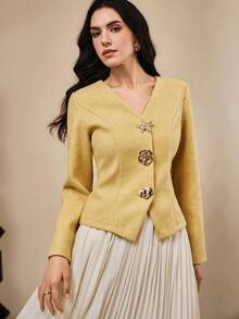 Omancia Women's Elegant Coat With Decorative Buttons, Waist Cinched Design, Suitable For Work, Dates, Afternoon Tea, Parties, Halloween, Thanksgiving, Teacher's Day - Yellow - View 6