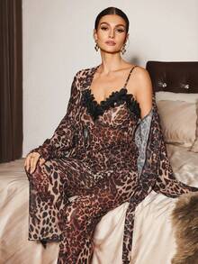 Slumberist 3pcs Women's Leopard Print Pajama Set, Includes Robe, Camisole, And Pants Leopard Robe Leopard Pajamas Women - Brown - View 7