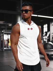 Gym Rark Men's Casual Letter Graphic Curved Hem Hooded Tank Top, Summer - White - View 4