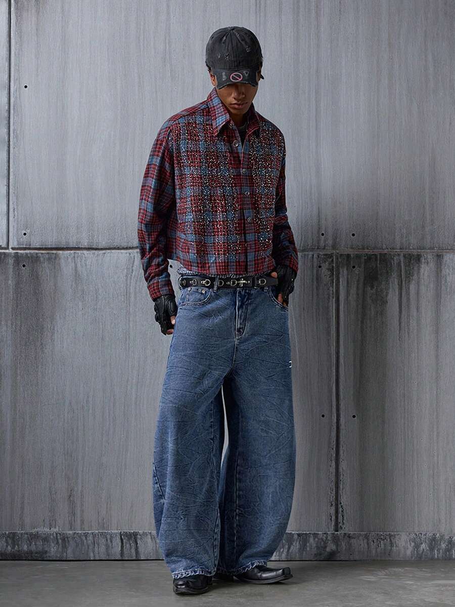 NEON BLANC Jeans rectos de pierna casual y holgada con bolsillo y estampado floral desgastado para hombre - Azul - Ver 1