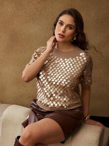 MOTF PREMIUM 亮片插肩短袖针织上衣 - 卡其色 - 查看 1