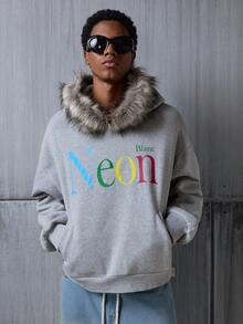 NEON BLANC Felpa da uomo a maniche lunghe con motivo, moda con cappuccio in pile, ampia, con cappuccio corto - Grigio - Visualizzare 3