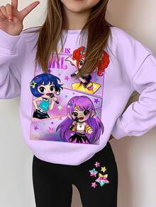Set de 2 piezas para niñas preadolescentes: Sudadera holgada de cuello redondo de manga larga suave y cómoda con gráfico de niña de K-POP en lila, y pantalones acampanados, adecuado para otoño e invierno - Multicolor - Ver 3