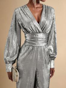 SHEIN Veneréa Women's Pleated Design Long Sleeve Cinched Waist Jumpsuit - Silver - View 6