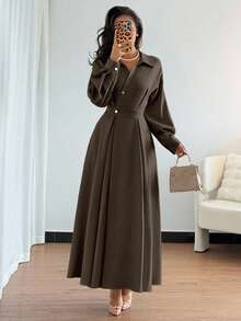 Rafferiza 女式翻领落肩长袖收腰 A 字裙，适合外出、度假、节假日和旅行 - 棕色 - 查看 3