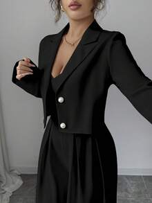 Elenzga 新款女式梭织面料细肩带露背可调节肩带阔腿连体裤，缺口领长袖夹克，通勤百搭优雅年轻女士两件套，秋冬 - 黑色 - 查看 3