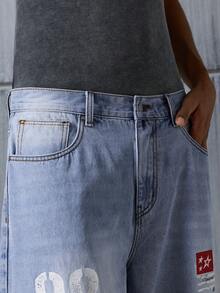 NEON BLANC Men's Letter Print Pocket Wide Leg Loose Casual Jeans - Blue - View 5