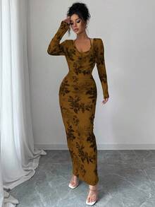 Elenzga 新款蓝白花卉印花性感优雅垂坠领口荷叶边系带腰部修身紧身迷你连衣裙，秋冬 - 棕色 - 查看 6