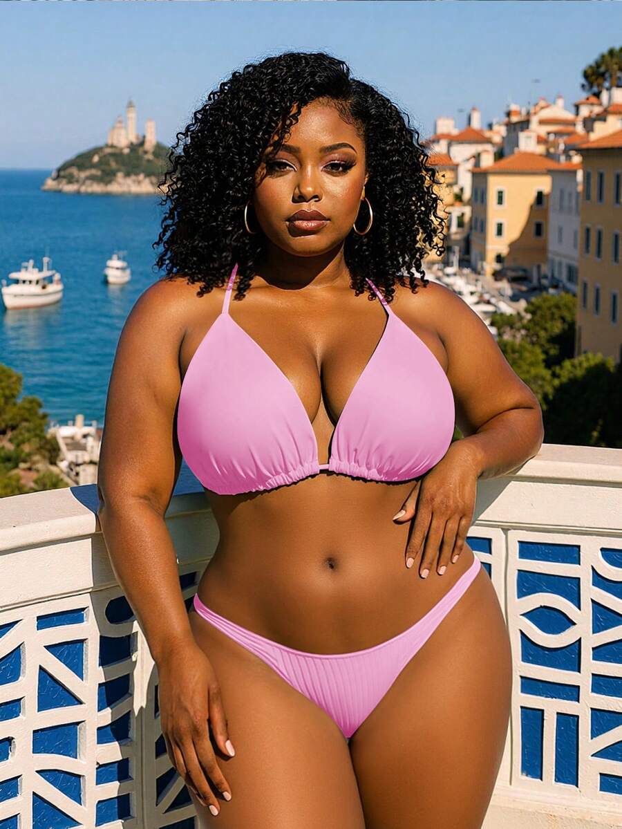 Swim Mod 1pc Plus Size Women Holiday Casual Solid Color Halter Neck Sexy Triangle Cup Swimwear Top For Summer Beach Vacation - Baby Pink - View 1