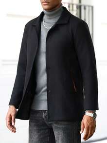 Manfinity Homme Men's Casual Solid Color Long Sleeve Overcoat, Versatile For Autumn/Winter - Black - View 4
