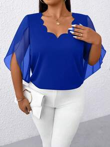 Elenzga 大码女式休闲雪纺蕾丝领透视袖衬衫 - 藍色 - 查看 4