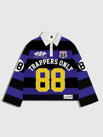 Street Life Herren Langarm Gestreiftes Poloshirt mit Aufdruck, Lässiger College-Stil Top