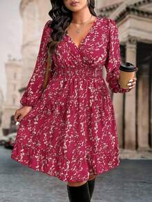 SHEIN LUNE Plus Size Women Floral Print Long Sleeve Ruffle Hem Dress, Autumn - Hot Pink - View 1