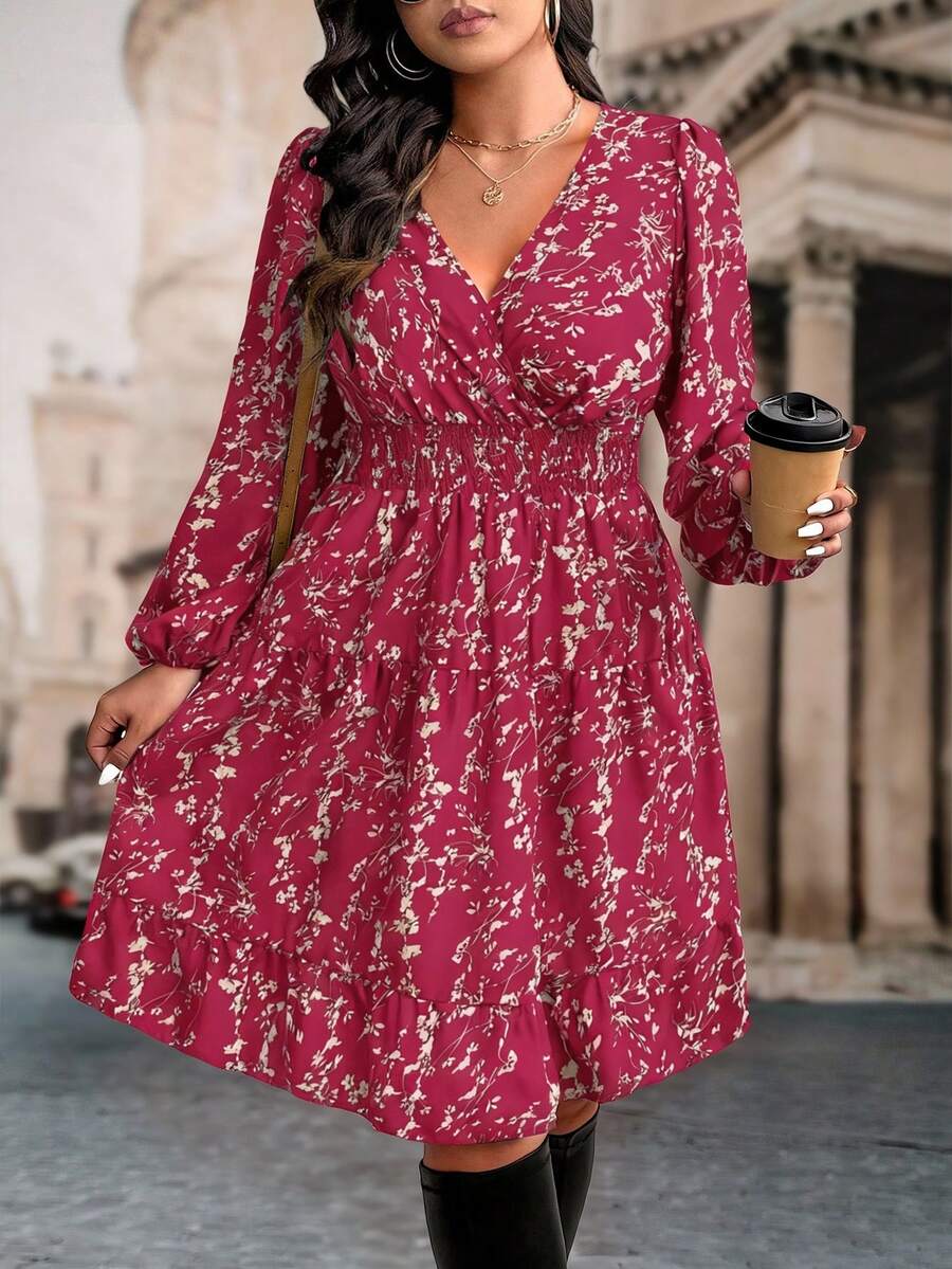 SHEIN LUNE Plus Size Women Floral Print Long Sleeve Ruffle Hem Dress, Autumn - Hot Pink - View 1