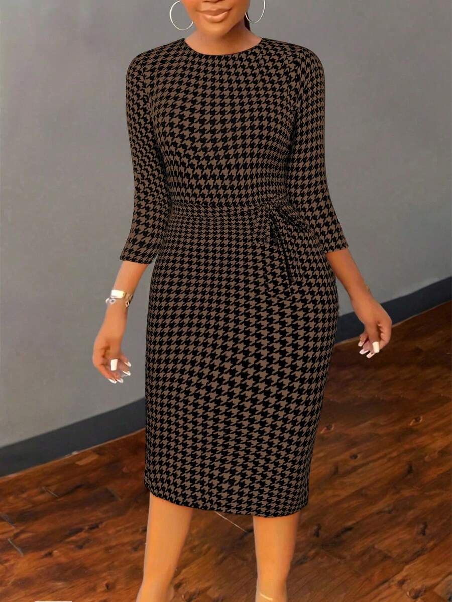 SHEIN Unity Women's Elegant Houndstooth Print 3/4 Sleeve Belted Knee-Length Fitted Dress, Spring/Autumn - Coffee - View 1