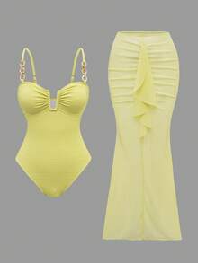 Swim Oasis 女式性感 U 领纹理抹胸连体泳衣 + 配套闪亮网眼荷叶边下摆迷你裙，春夏 - 芥末黃 - 查看 2