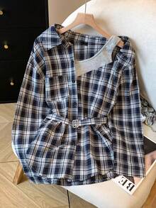 GlowEve Women's Woven Checkered Casual Commuter Autumn Shirt - Navy Blue - View 1