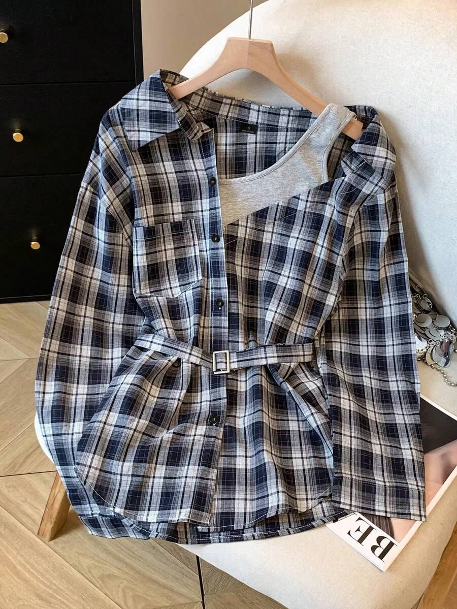 GlowEve Women's Woven Checkered Casual Commuter Autumn Shirt - Navy Blue - View 1