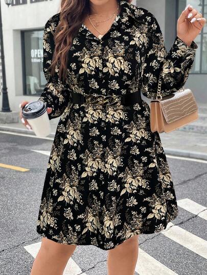 SHEIN Clasi Plus Size Långärmad Bältesspänne Dekorativ Midja A-linje Minimalistisk Pendling Avslappnad Midiklänning