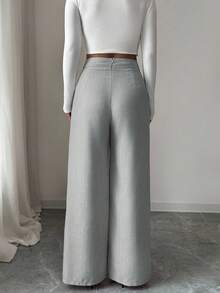 Elenzga Pantalones rectos sueltos y fluidos de tela de bambú rosa con diseño de hebilla de superposición frontal en la cintura, elegante uniforme de maestro, profesional y casual, esencial para Acción de Gracias y Halloween - Gris - Ver 2