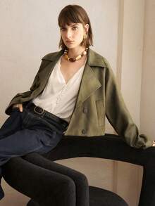 EMERY ROSE 女式仿皮翻领双排扣水洗面料休闲通勤夹克 - 軍綠色 - 查看 7