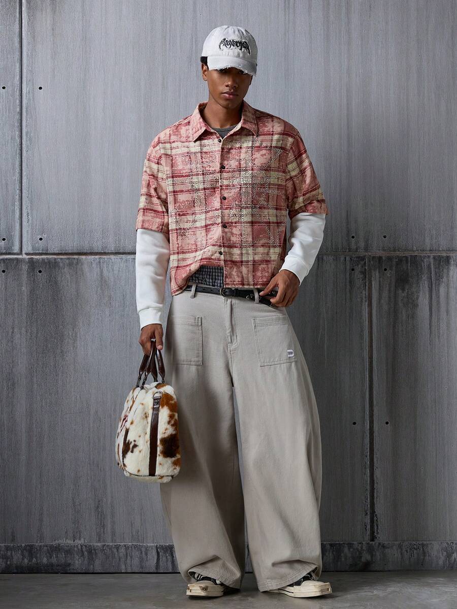 NEON BLANC Men's Plaid Shirt Spider Rhinestone Decorative Stitching Fake Two-Piece Shirt - Pink - View 1