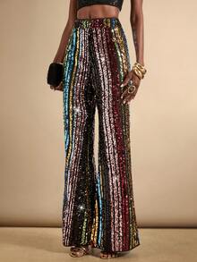 SHEIN Veneréa 女士彩色条纹亮片直筒宽松裤 - 彩色 - 查看 1