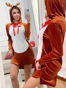 Christmas Deer Antler Fuzzy Trim Plush Tie Sweet Cute Coquette Babydoll Dress, Suitable For Outerwear, Party, Music Festival, Women - Brown - View 4