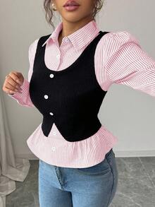 SHEIN Elenzya Women's Ribbed Patchwork Fuzzy Textured Ribbed Fabric Collared V-Neck Waist Cinched Design Patchwork Elegant Long Sleeve Blouse - Pink - View 4