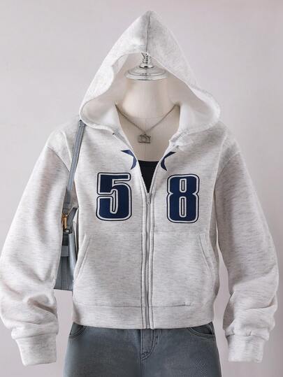 Tween Girls Knitted Light Gray Long Sleeve Hooded Sweatshirt Jacket With Pockets, Number 58 Print, Fashionable Casual Sporty Style, Suitable For Spring And Autumn