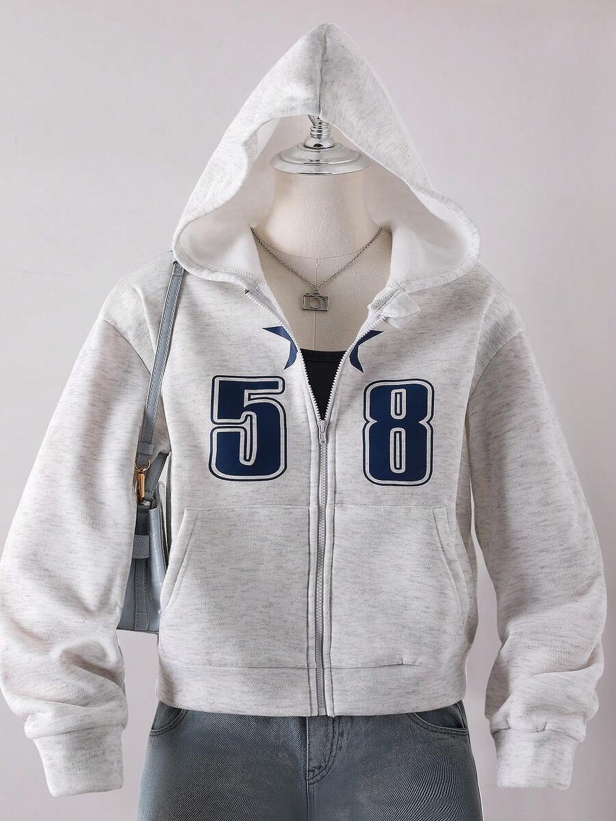 Tween Girls Knitted Light Gray Long Sleeve Hooded Sweatshirt Jacket With Pockets, Number 58 Print, Fashionable Casual Sporty Style, Suitable For Spring And Autumn - Grey - View 1