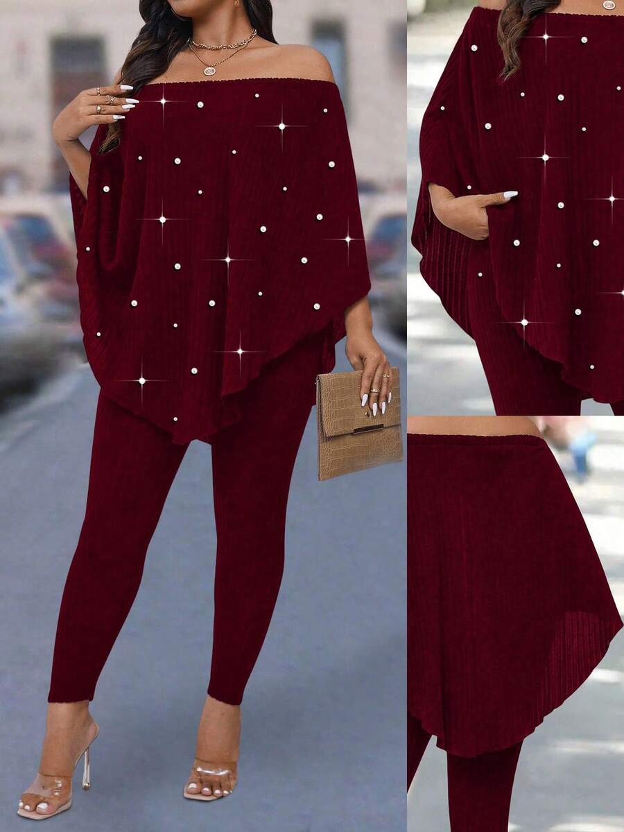 EMERY ROSE Plus Size Ribbed Beaded Off Shoulder Top And Leggings 2 Pieces Set - Burgundy - View 1