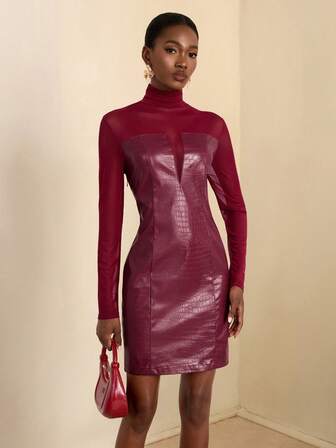 SHEIN Veneréa 女士优雅勃艮第鳄鱼纹连衣裙