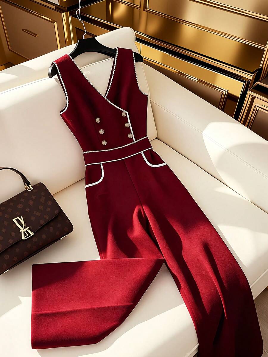 GlowEve 女士新款圣诞红色吊带连体裤，高腰阔腿连体衣，秋冬 - 酒紅色 - 查看 1