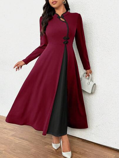 Rometta Plus Size Women's New Black & White Contrast Color Minimalist Long SleevDressss